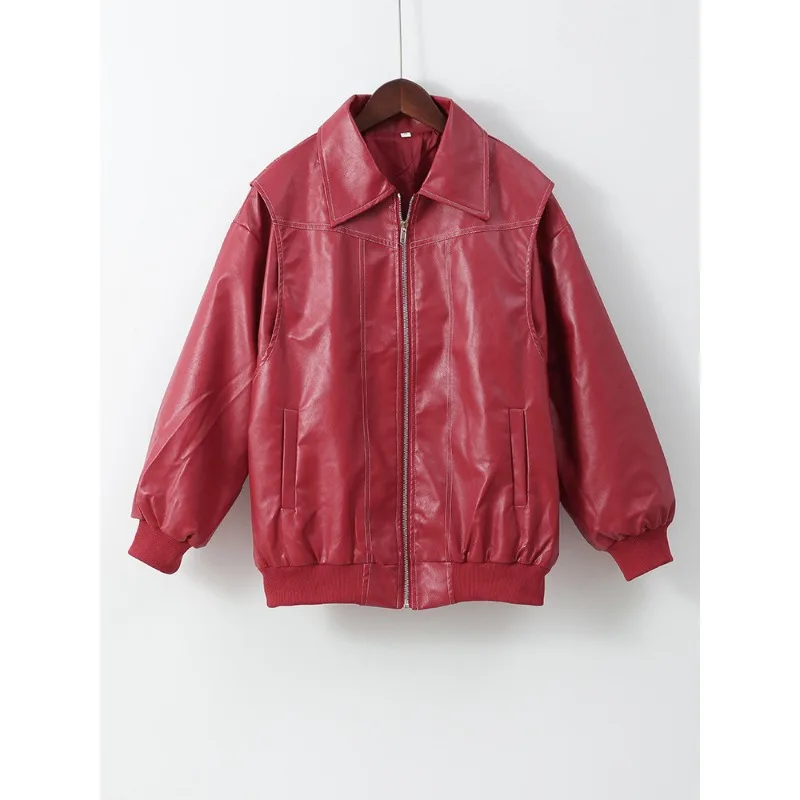Neu in Jacken, rot, lange Ärmel, stilvolle Kunstleder-Motorradjacke, klassische Revers, Reißverschlussjacke, lockerer Damen-Retro-Mantel