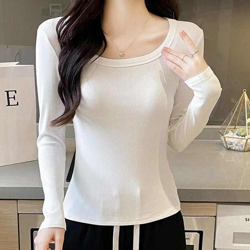 Spring Autumn Women's Pullover Round Neck Solid Long Sleeve Vacation T-shirt Undershirt Office Lady Fashion Skinny Casual Tops