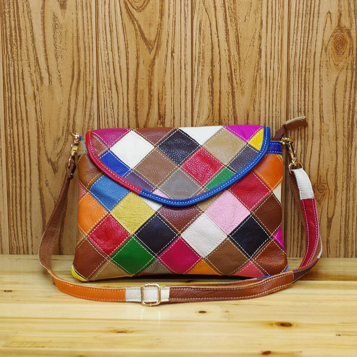 Genuine leather cowhide women\'s bag fashionable niche design colorful plaid cosmetic bag crossbody ladies shoulder small bag