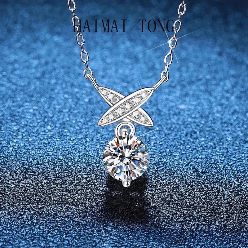 

HAIMAITONG PT950 Platinum Cross-border, Moissanite Necklace Women's Japan and Korea Personality Design Cross Bow Pendant Clavicl