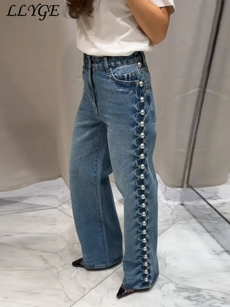 

Fashion Women's Beaded Jeans Y2k High Waist Pockets Female Straight Denim Pants 2025 Spring Summer Lady Street Vintage Trousers