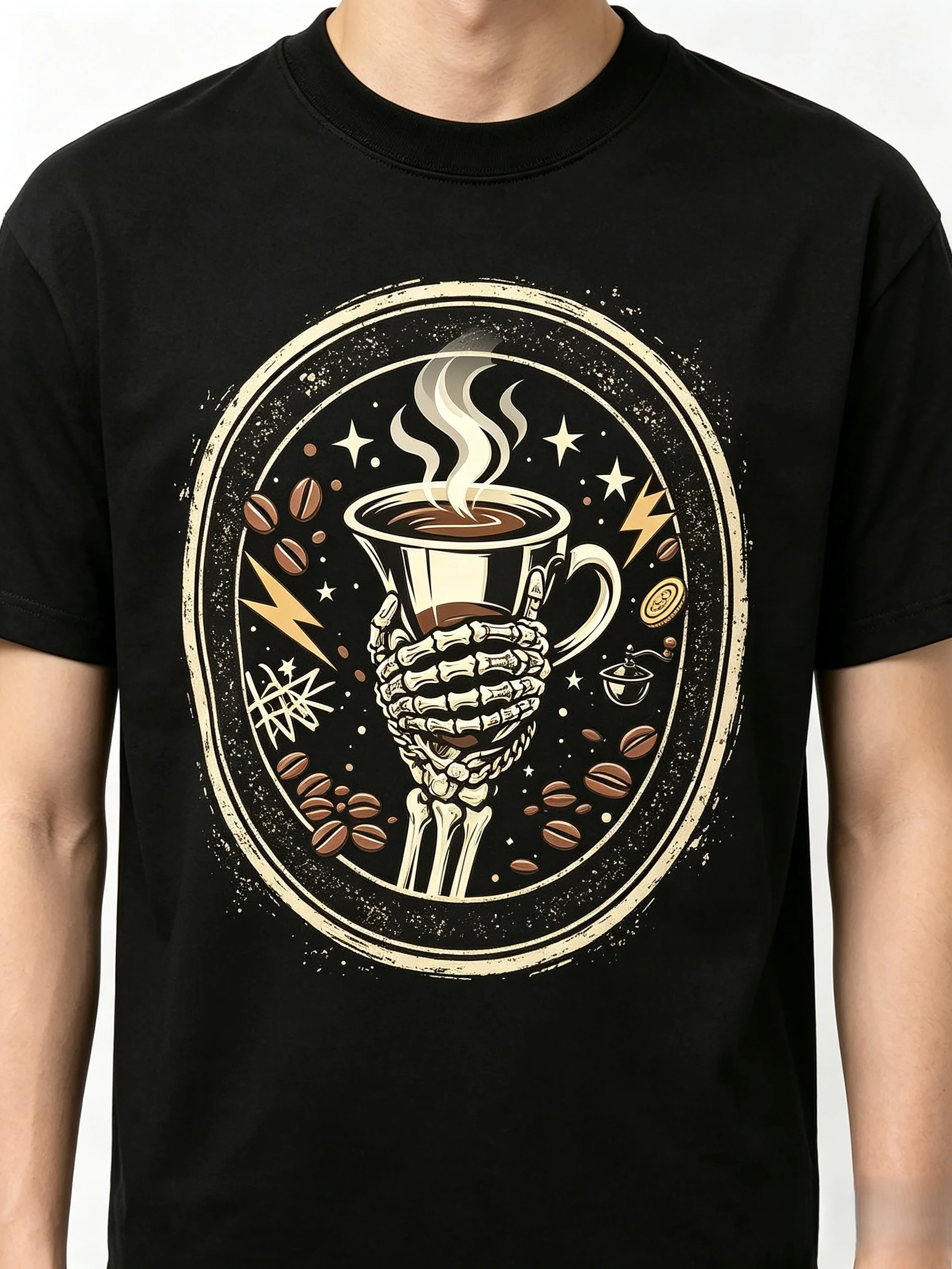 Men Women Vintage Skeleton Hand Coffee Cup T Shirt Retro Dark Punk Coffee Bean Graphic Tee Casual Oversized Black Short Sleeve T-Shirt Unisex Streetwear