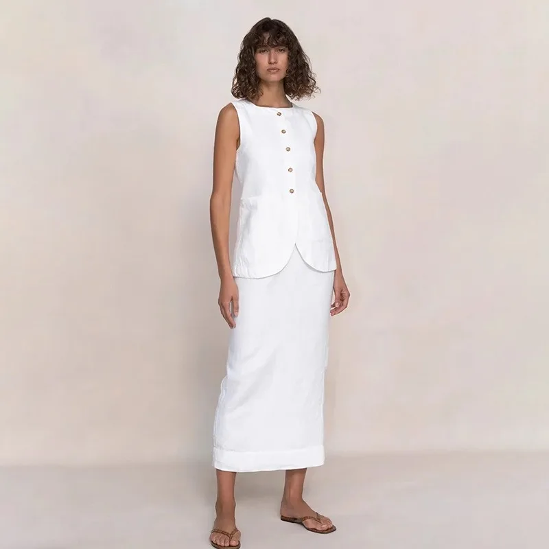 LUXURY Linen Suit Women\'s A-line Skirt Niche Cotton Linen Sleeveless Shirt Simple and Relaxed 2024 Autumn and Winter New