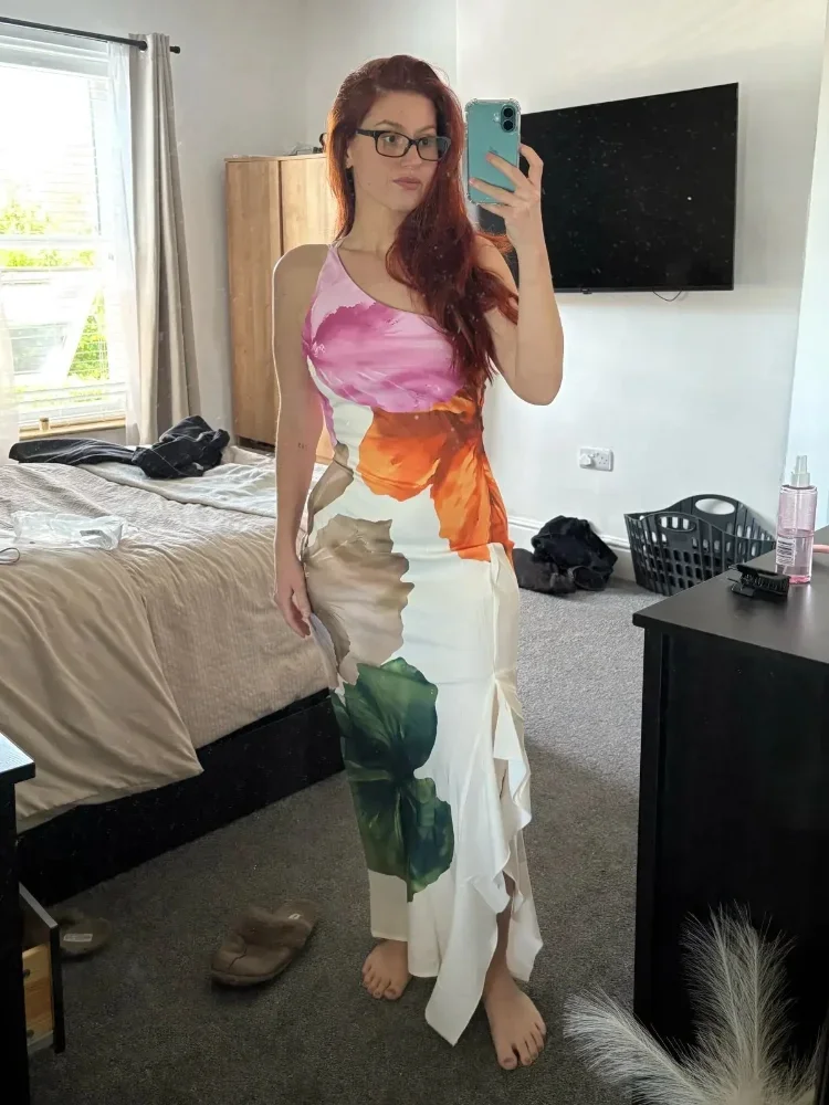 

Elegant One Shoulder Flower Printed Maxi Dress Women Fashion Sleeveless Split Slim Dresses Female Chic High Waist Party Robe