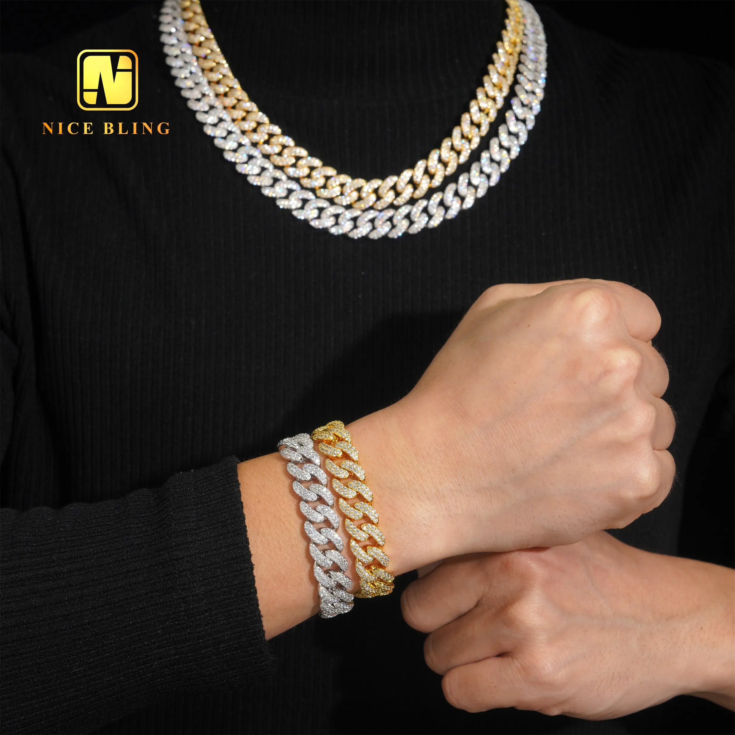 Iced Wholesale Out Hip Hop Necklace 2 Rows Round Shape 13mm Cuban Link Chains Gold Plated Brass 5a Moissanite Diamond Necklace B