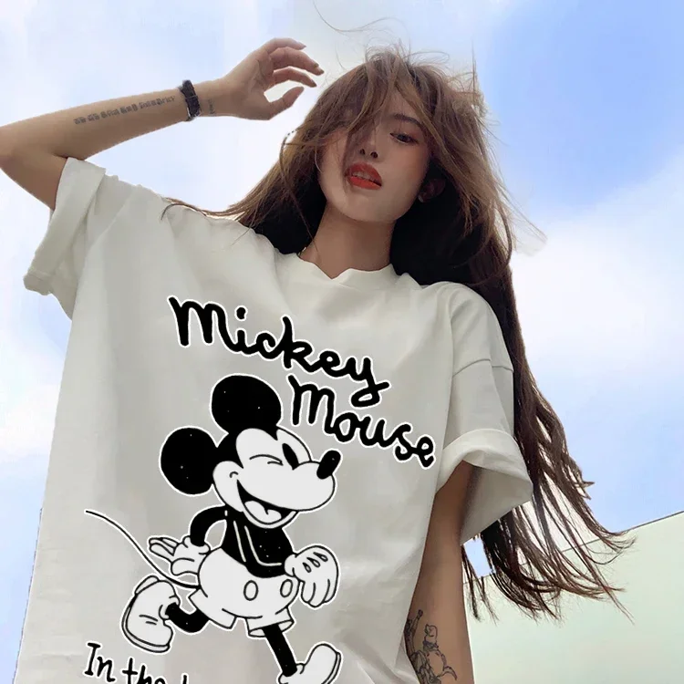 Kawaii Mickey Mouse Summer T-shirt Ladies Black Top Ladies Casual O-Neck Top Ladies Kormen Korean Style Harajuku Clothing