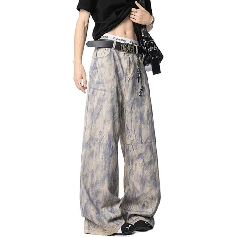 กางเกงยีนส์ผู้ชายดีไซน์เฉพาะตัว ลายกราฟฟิตี้สีสันสดใส สไตล์ลำลอง ทรงตรง แมทช์ได้กับทุกชุด เหมาะสำหรับฤดูใบไม้ผลิ