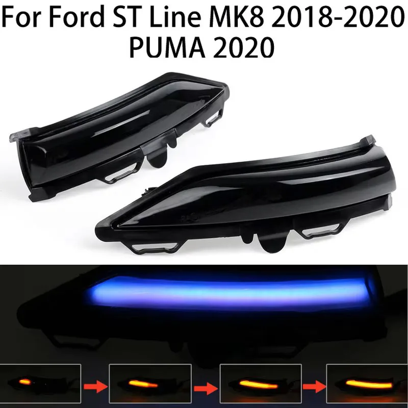 

For Ford ST Line/Fiesta MK8/Puma 2018-2020 LED Dynamic Side Mirror Turn Signal Smoked Black Housing Blue/Yellow Flowing Light