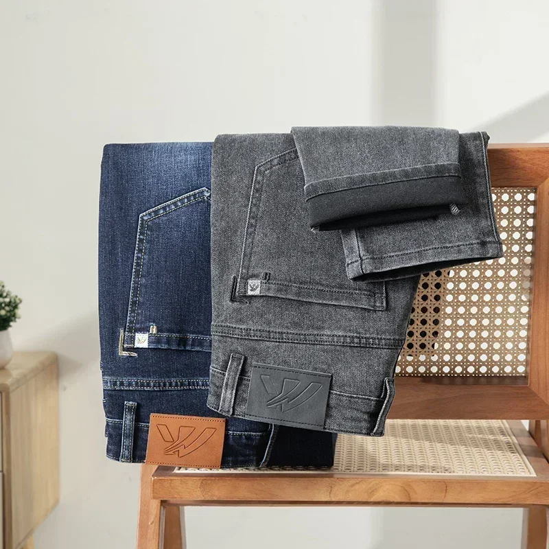 Fashion Gray Men Brand Jeans Spring Autumn New Casual Stretch Slim Pants Comfortable Cotton Elastic Denim Trousers Male