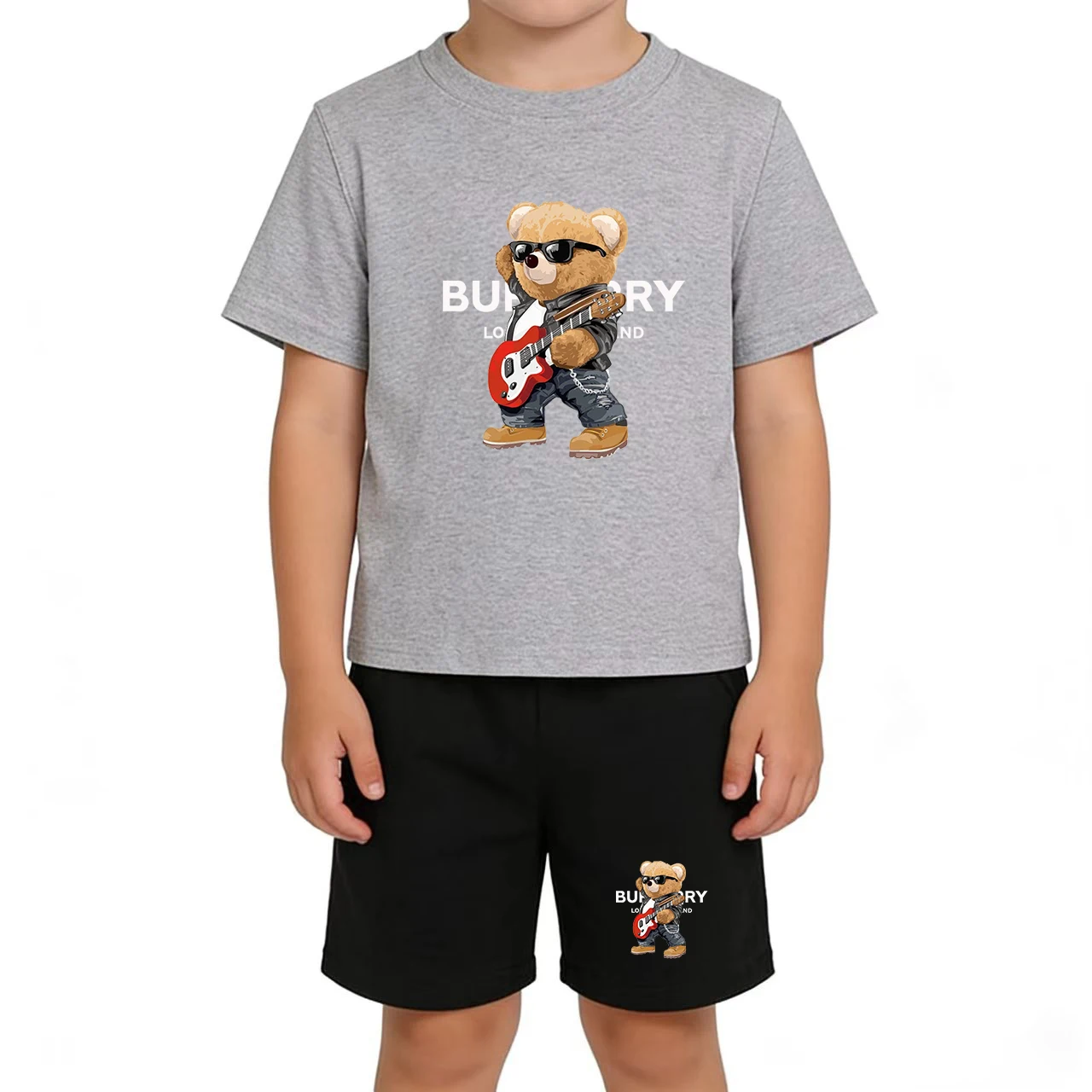 

Kids Summer T-shirt Cartoon Musical Violin Bear Short-sleeved + Shorts Boy Girl 3-12 Yrs Toddler Cute Clothes Jogging Casual Set