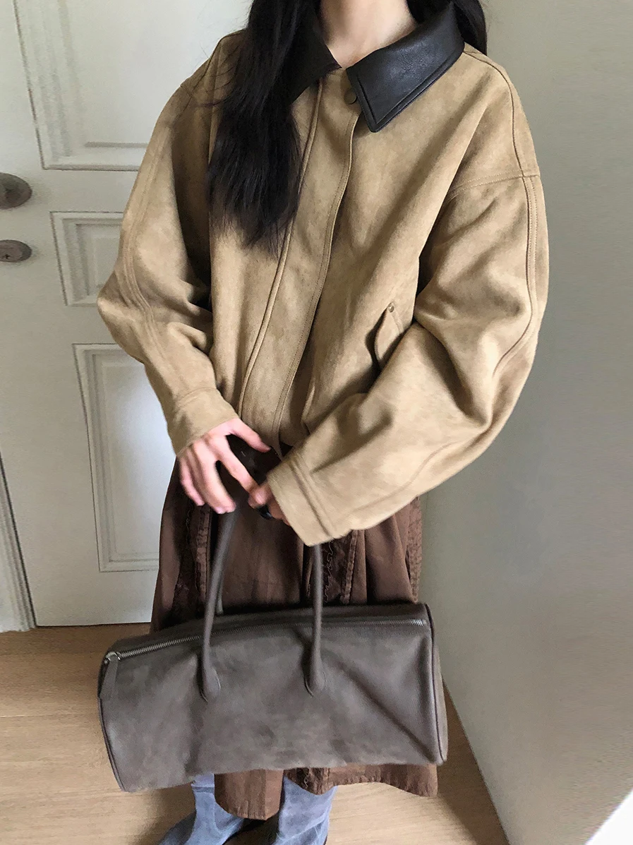 

Свободный бейсбольный джат в стиле ретро, американская студенческая уличная одежда, женская верхняя одежда из искусственной замши со съемным воротником, корейский Sle