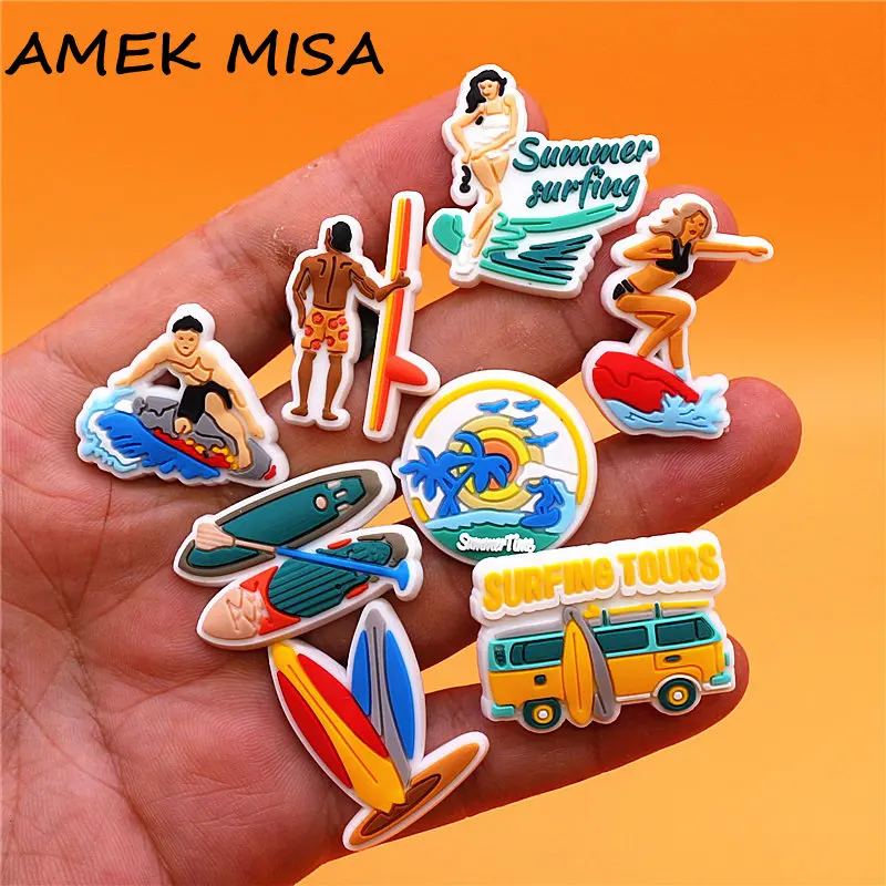 1Pcs Surfing Party Style Shoe Charms Accessories PVC Clogs Pins Badges Shoe Clips Buckle Decorations Fit Unisex Gifts