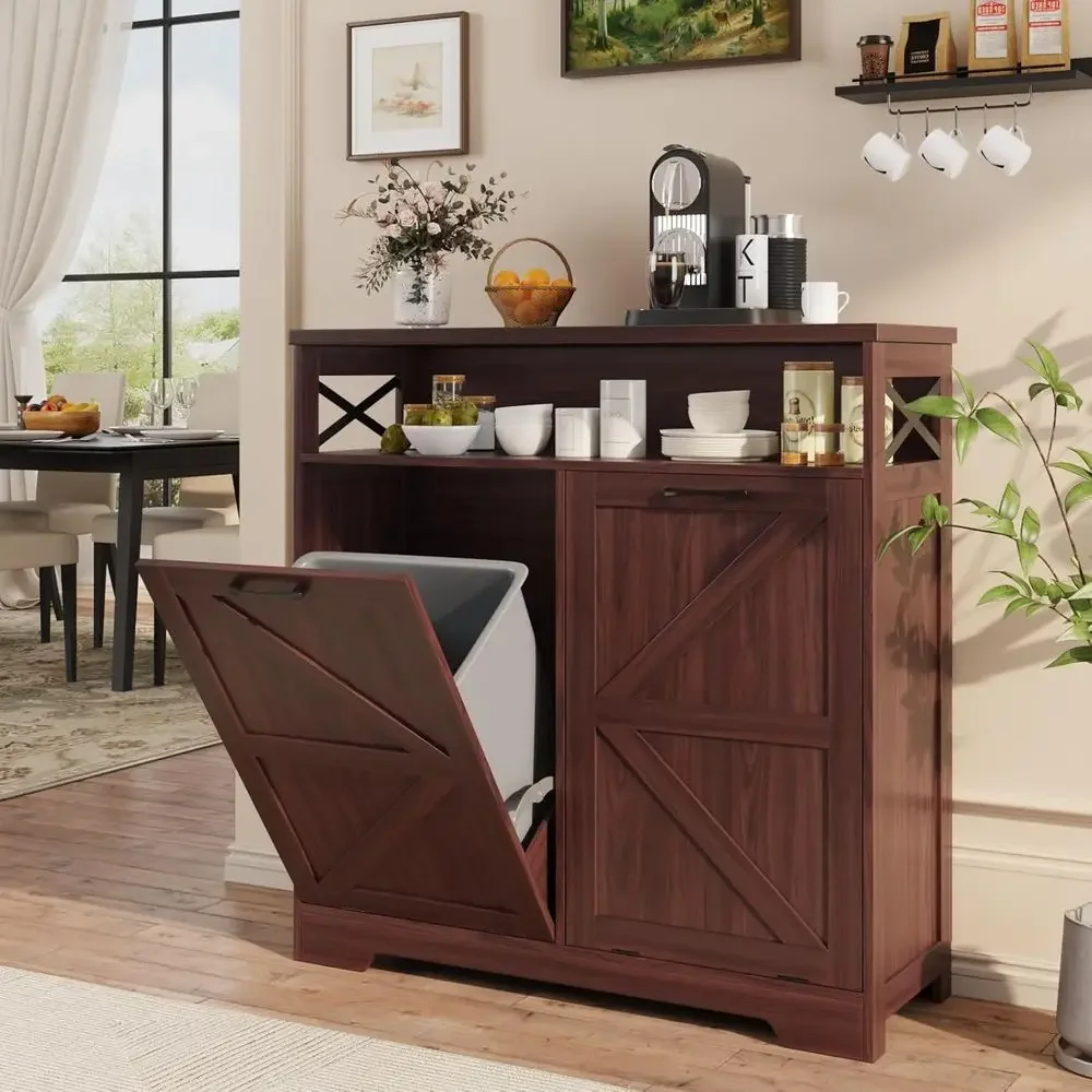 

Double Bin Trash Cabinet for Kitchen and Laundry, Dual Recycling Cabinet for Living Room, Brown