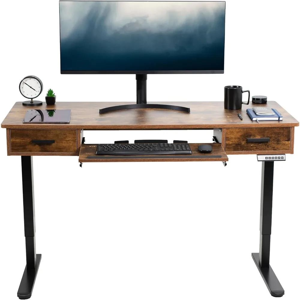 

Electric Height Adjustable 55 x 24 inch Memory Stand Up Desk with Rear-Set Legs, Rustic Vintage Brown Table Top with Built-in D