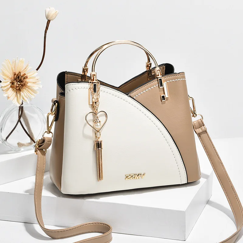 Stylish Color Block Women Handbag Purse, PU Leather Metal Top Handle Tote Bag with Pendant Removable Crossbody Strap Satchel