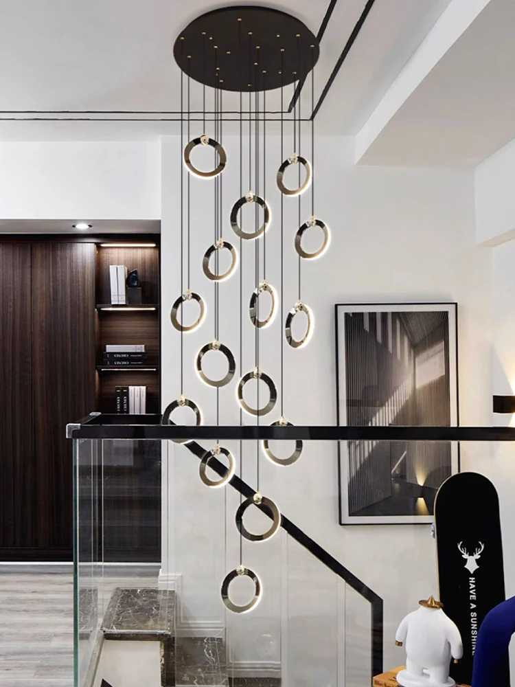 Duplex Villa Ceiling Chandelier Living Room Staircase Pendant Lamp Home Circle Decoration Hanging Lights LED Stairwell Droplight