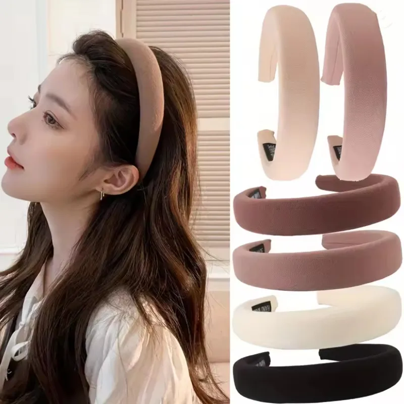 Diadema de esponja de Color sólido salvaje para mujer, banda para el cabello Simple de borde ancho para lavar la cara a la moda para chica
