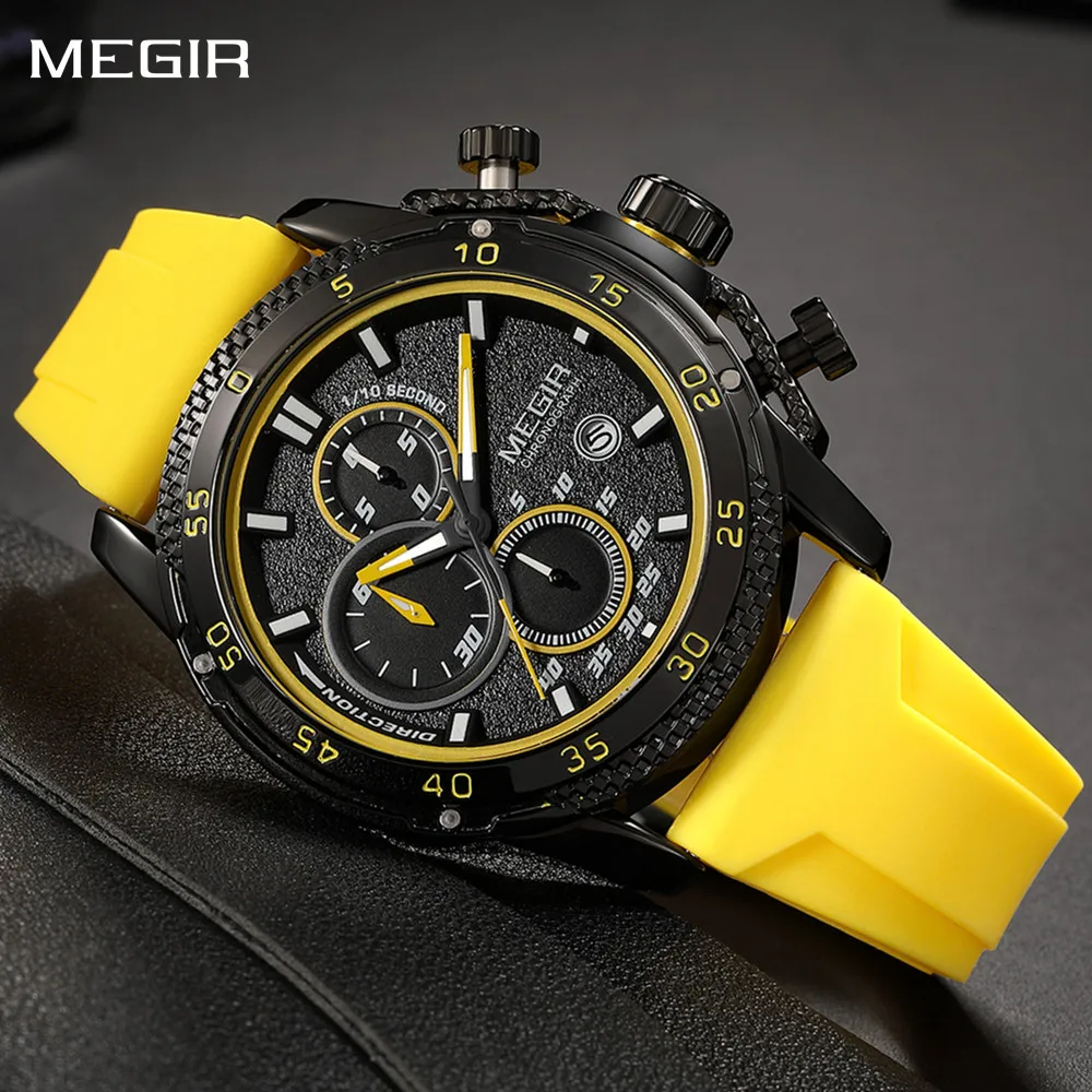 

MEGIR модные повседневные многофункциональные мужские спортивные часы 46 мм циферблат водостойкие светящиеся кварцевые наручные часы хронограф силиконовый ремешок