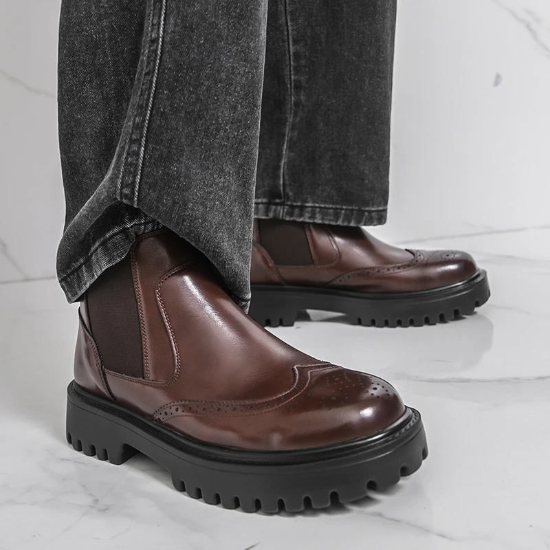 Men Chelsea Boots PU Solid Color Thick Sole High Top Block Carved Classic Men Boots Size 38-46