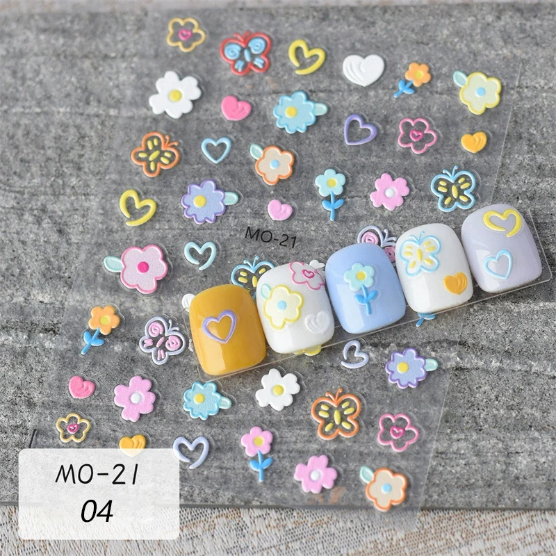 

1pc 5D Cartoon Colorful Floral Letter/Rabbit/Strawberry Slider Embossed Spring Flowers Nail Stickers DIY Manicure Decal