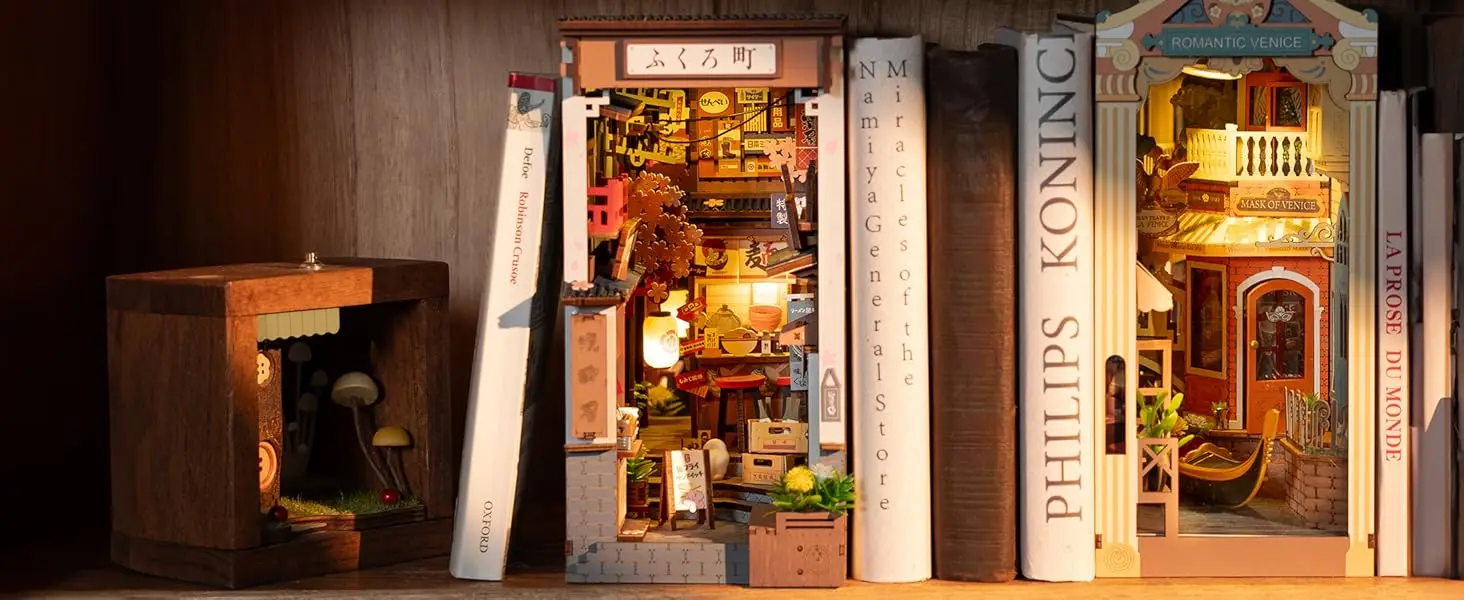 Sakura Wine Alley DIY Booknook with Lights DIY Miniature Dolls House Kit 3D Wooden Puzzle Bookend Bookshelf Decor Gift