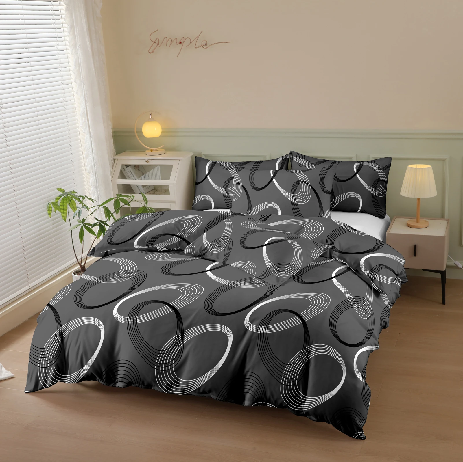 Printed Quilt Cover Three-Piece Set (2 Pillowcases + 1 Quilt Cover) Polyester Fiber Dark Gray Geometric Pattern Printed Bedspread 3-Piece Set Ultra-Soft and Comfortable Polyester Breathable Bedding Duvet Set Suitable for Bedrooms and Guest Rooms (Bedspread + Pillowcases, Without Quilt and Pillow Inserts) Zippered Quilt Cover + Pocket Pillowcase
