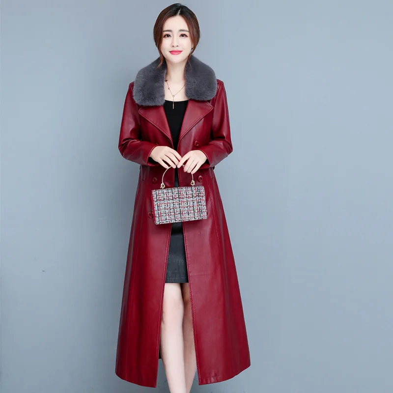 Chaqueta de cuero con cuello de algodón para mujer hasta la rodilla Otoño e Invierno nuevo estilo de moda cortavientos con cuello abatible chaqueta ajustada