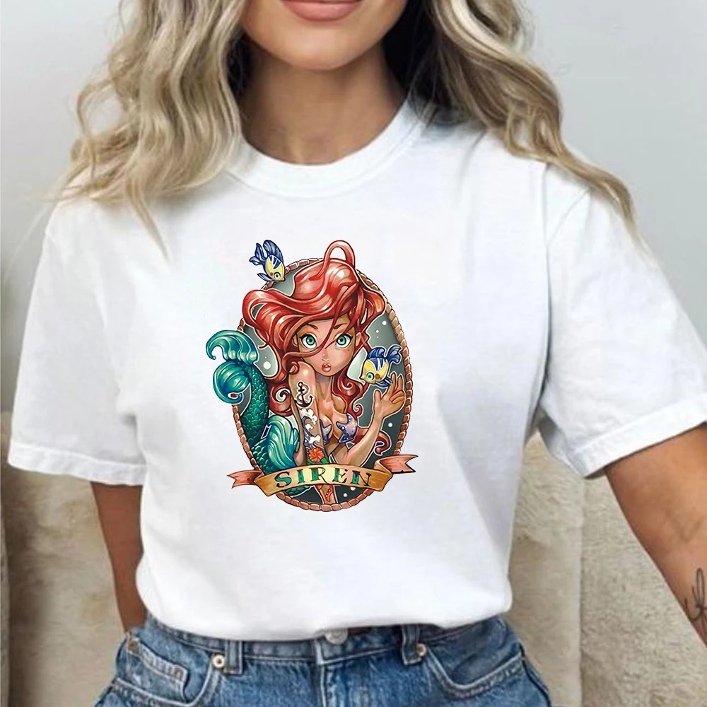 

Disney Princess Print T-Shirt White Cotton Retro Style Cartoon Girl Women's T-Shirt Round Neck Top Short Sleeve Casual Summer