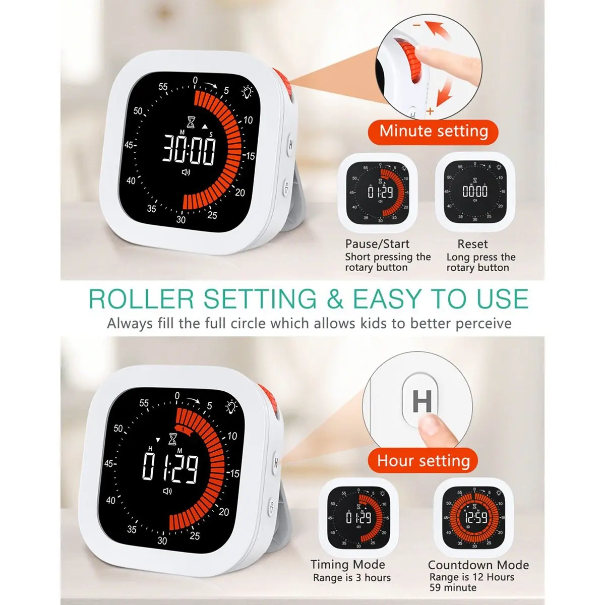 Upgraded Visual Timer Rechargeable Digital Countdown Kitchen Mechanical Cooking Timer Management Tool for Home School