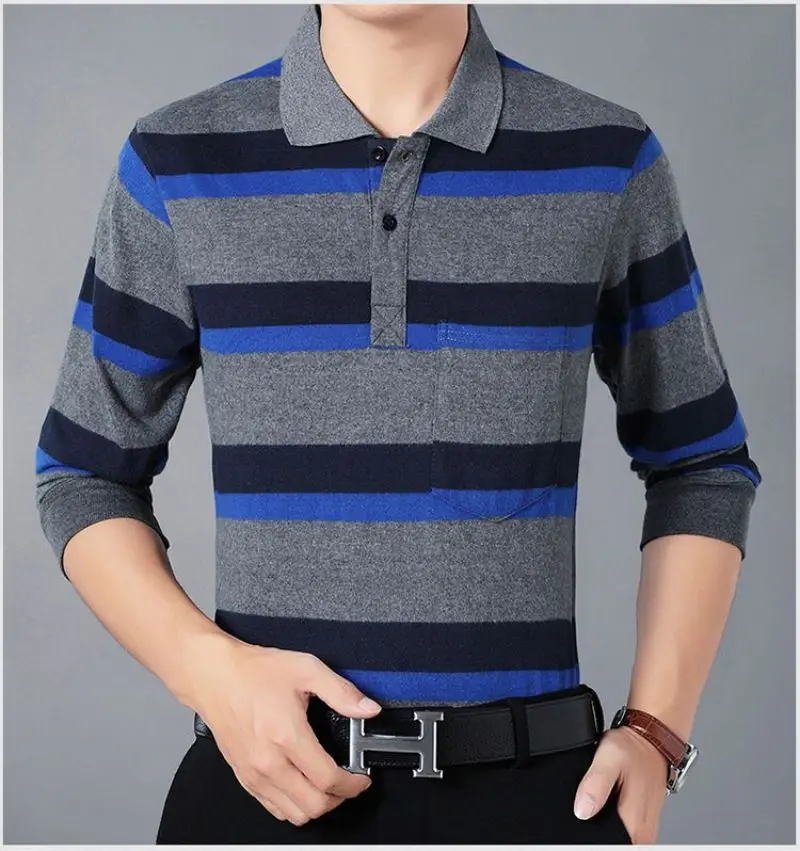 Spring Summer T Shirt for Men Cotton V-Neck Long Sleeve Pockets Comfortable Casual Striped Pullover Formal Clothes