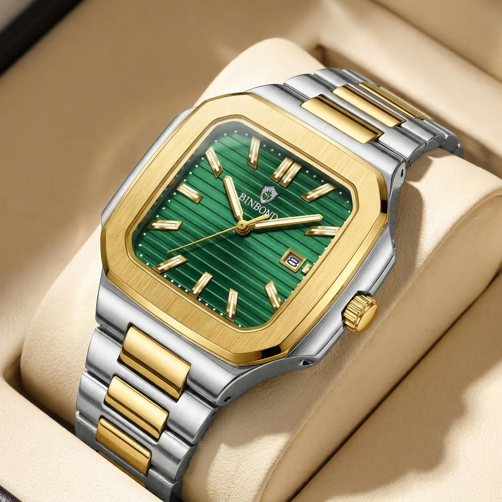 1pcs Square Case Green Dial Two Tone Strap Fashion Wristwatch Casual Daily Wear Stylish Timepiece For Men Women Trendy A