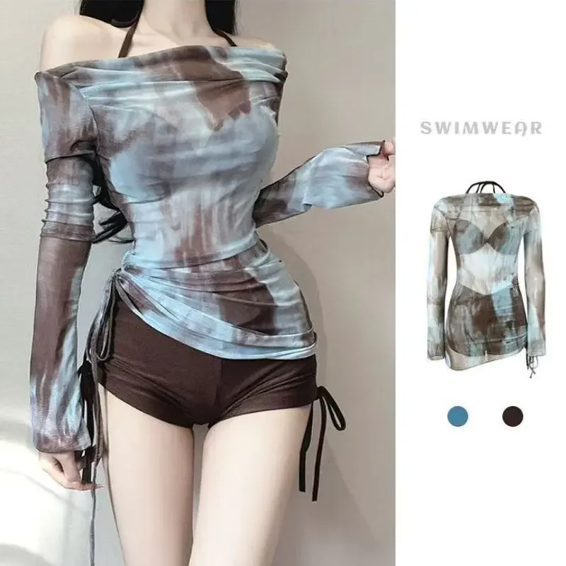Fashion Women's Swimwear, Ladies Patchwork Long Sleeve Swimsuit, 2026 Sport Pool and Beachwear, Three-Piece Swimsuit with Shorts