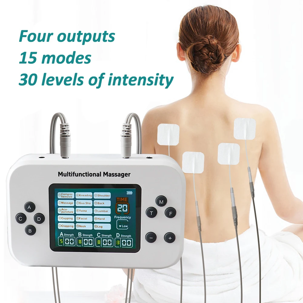 4 Channel Tens Unit Muscle Stimulator Rechargeable Pulse Massager 15 Modes Meridian Massage Relax Electrostimulator with 8 Pads