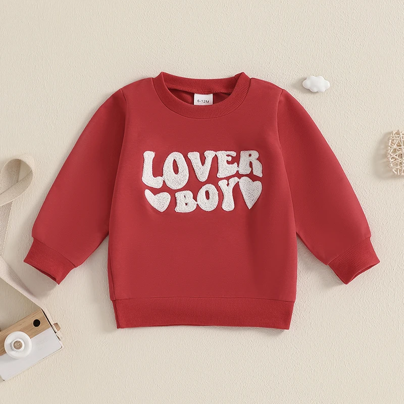 FOCUSNORM 0-4Y Valentines Days Kids Boys Sweatshirt T Shirts Long Sleeve Crew Neck Hoodie Letters Heart Embroidery Pullover Tops