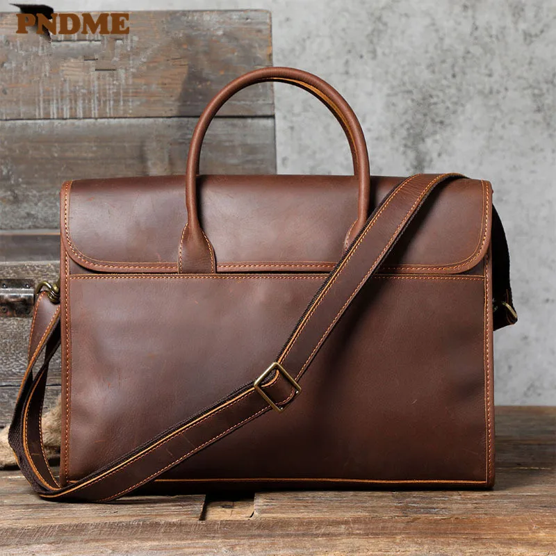 Vintage Lawyer business simple crazy horse cowhide men briefcase daily waterproof laptop bag genuine leather work shoulder bags