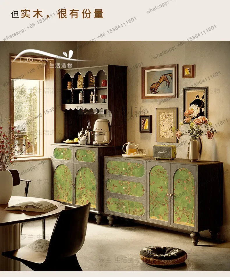 12French green retro solid wood dining side cabinet, living room flower and bird tea storage decorative cabinet