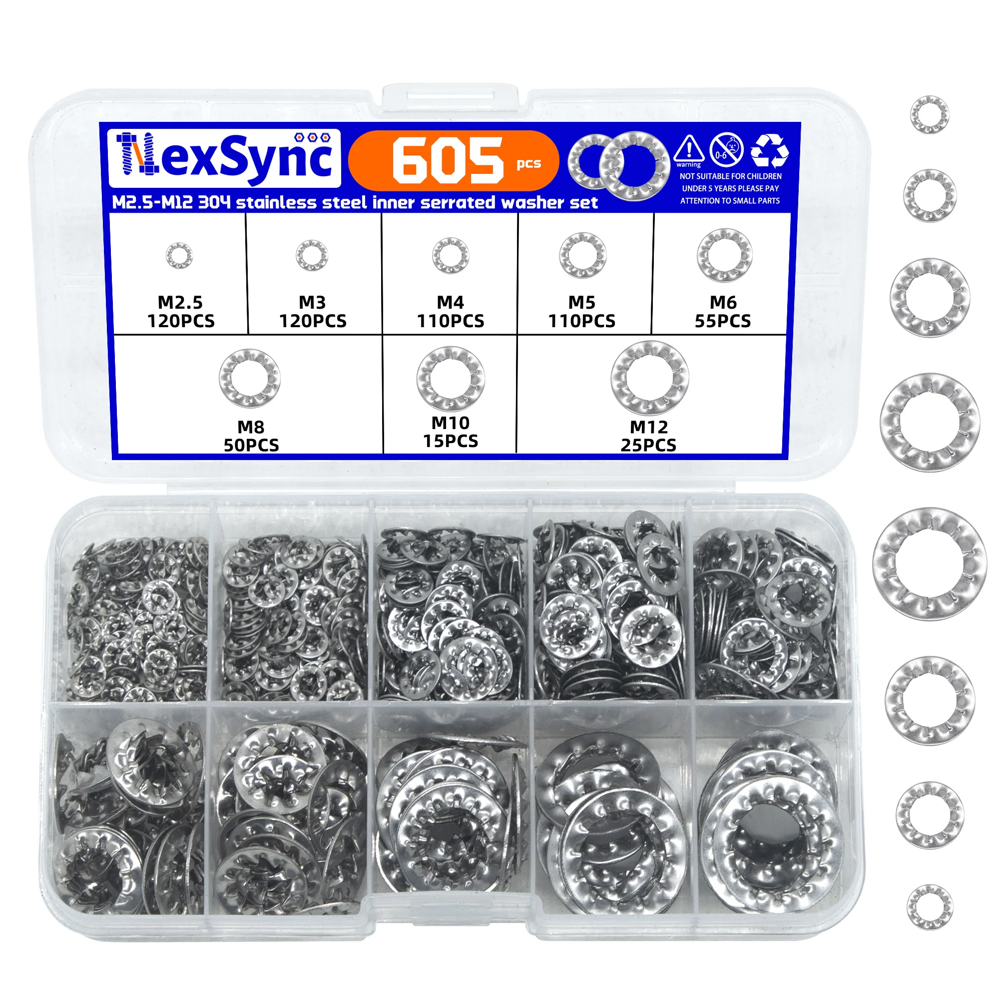 605Pcs M2.5-M12 304 Stainless Steel Serrated Lock Washers, Anti-Loosening Vibration Resistant Fastener Kit