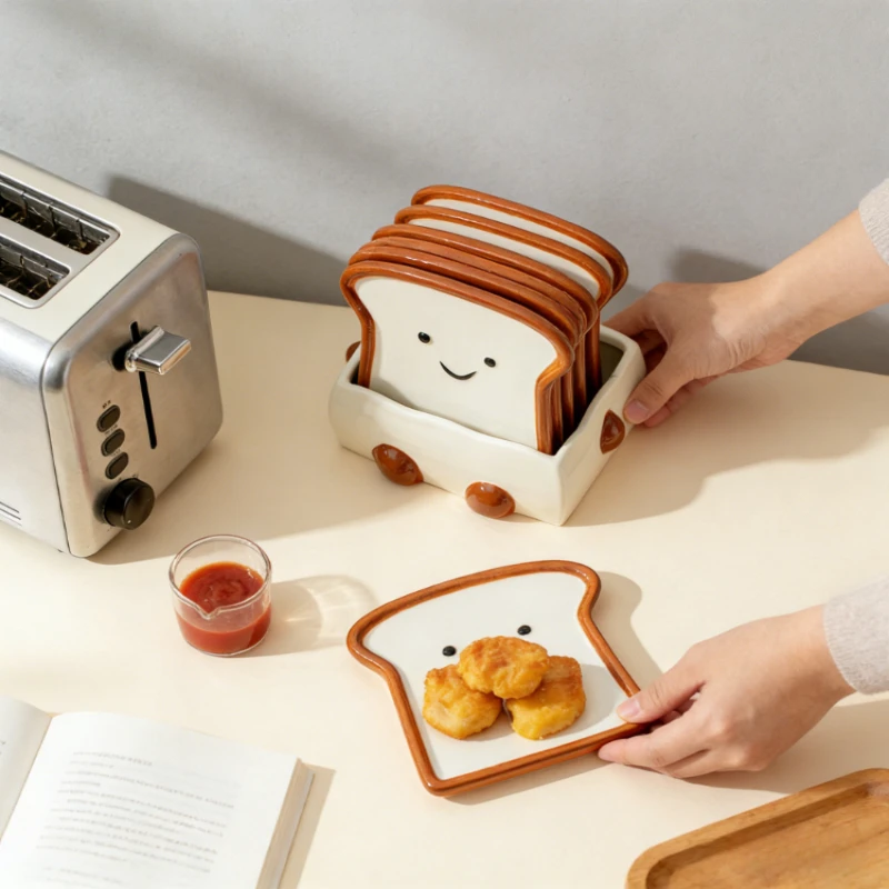 Niedliches Toast-Dip-Schälchen-Set aus Keramik – Sojasaucen- und Essig-Dip-Teller für Dumplings, Sandwiches, Heimküche, dekorative Teller und Ornamente