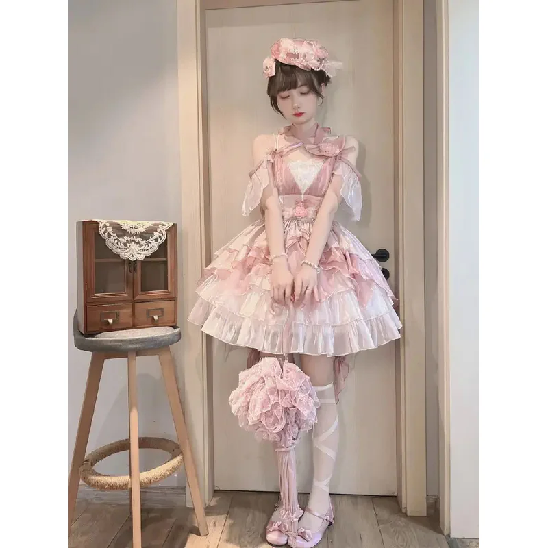 Pink Flower Wedding Lolita Dress Jsk Gorgeous Elegant Escape Princess Sweet Hurdleneck Birthday Party Dress For Young Girls