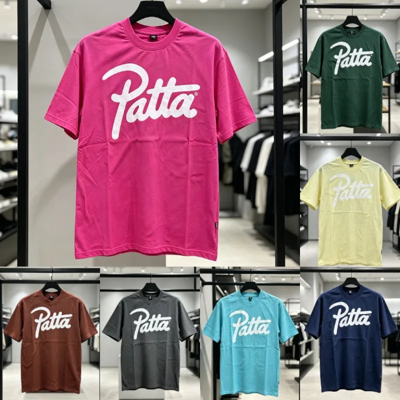 PATTA Men Women Magenta Fashion Short Sleeve Tee Script Logo Print Retro Street‑Style Top