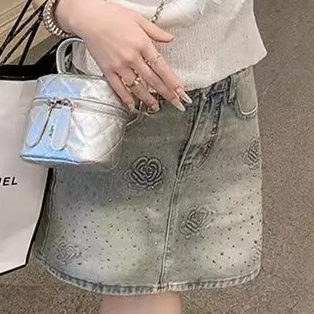 Hot stamping denim short skirt, summer heavy-duty full diamond starry rose anti glare A-line hip wrap skirt