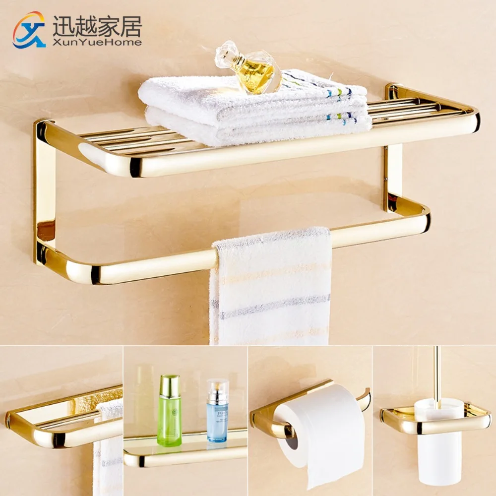 

Gold Full Copper Towel Rack Hanging Rods Bar Hooks Bath Shelf Toilet Brush Paper Holder Bathroom Hardware Organizer Accessories