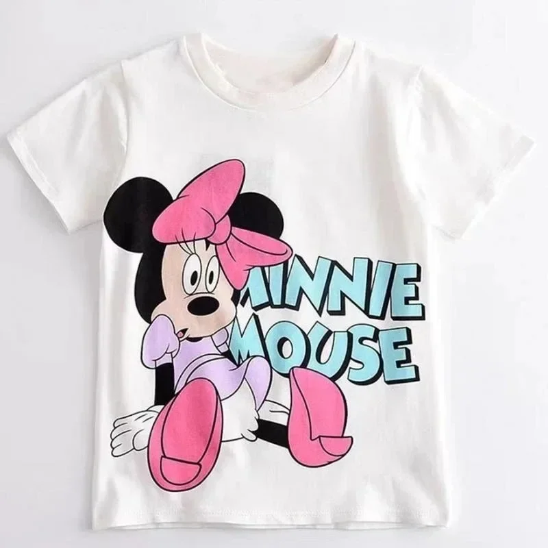 Disney Minnie Cute Girls T-Shirt 2024 Summer Clothing Short Sleeve Cartoon T-Shirt Top Children\'s Clothing Boy Mickey T-Shirt