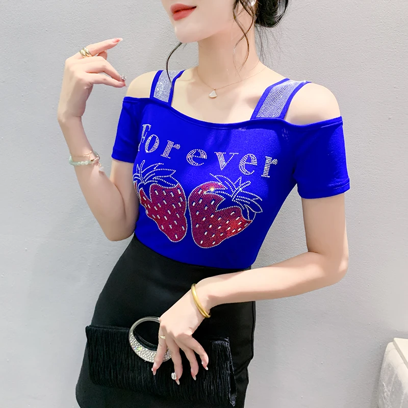 MadBlack European Clothes Tshirts Women Sexy O Necks Shiny Hot Drill Slim 2 Layer Mesh Tops Short Sleeve Tee Summer  T44057JC