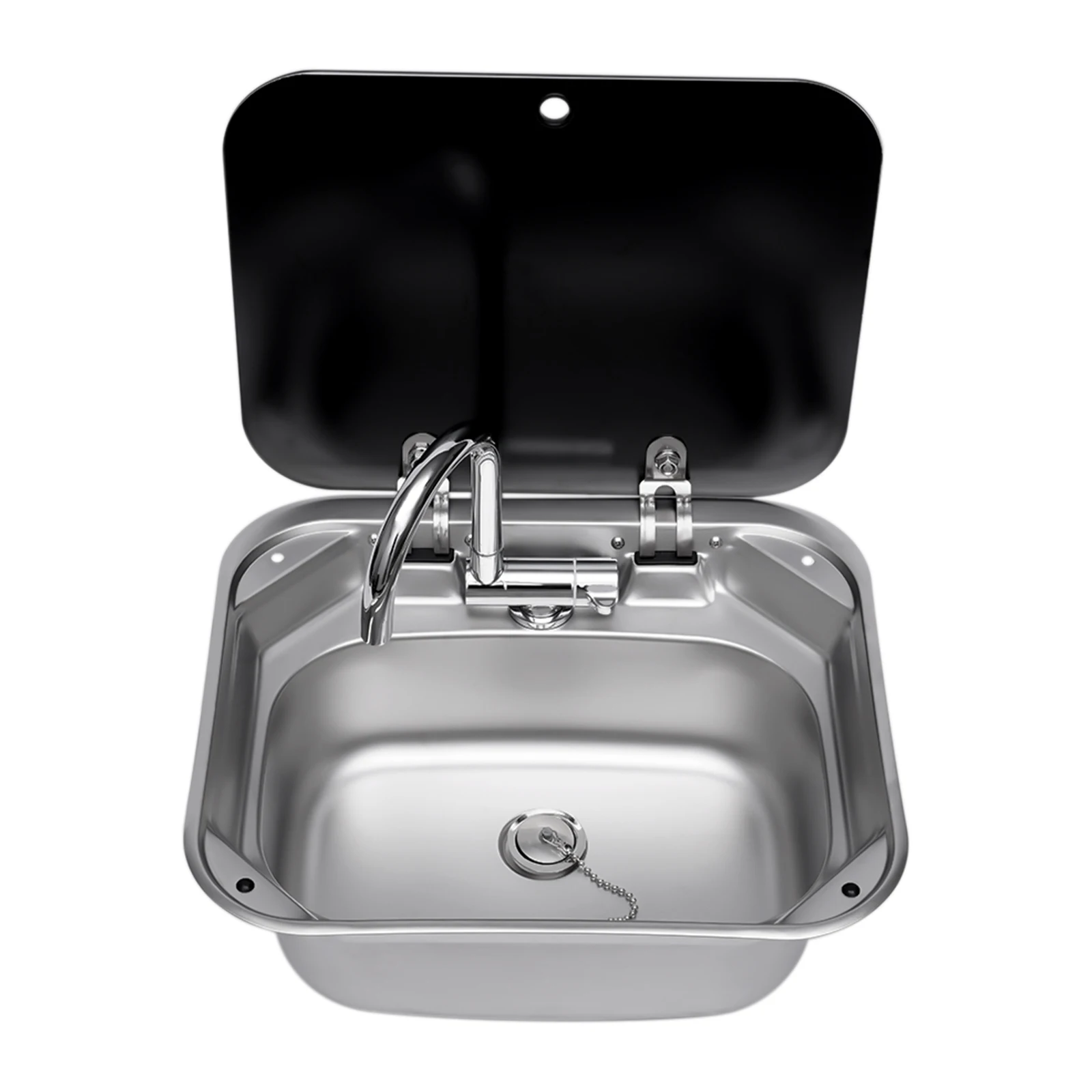 

Steel Hand Wash Basin Sink with tap with Folded Faucet Tempered Glass Lid van Camper Trailer Accessories for RV Caravan or Boat