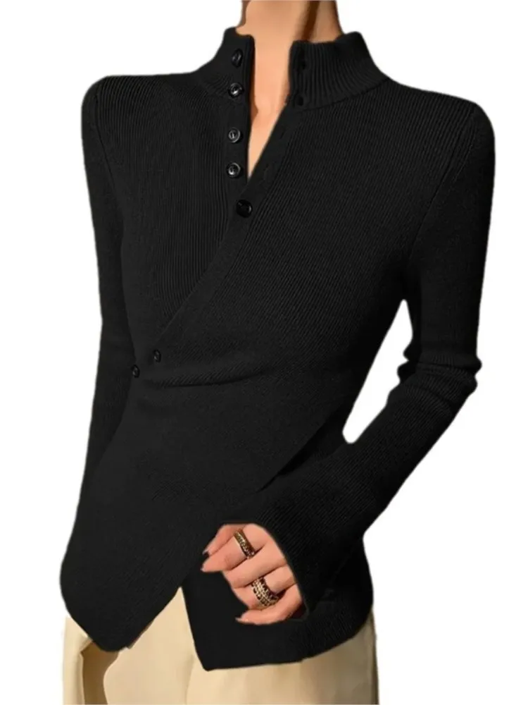 女性のエレガンス無地ニットプルオーバー秋のファッションスタンドカラー長袖セーター冬のレディース暖かいセーター