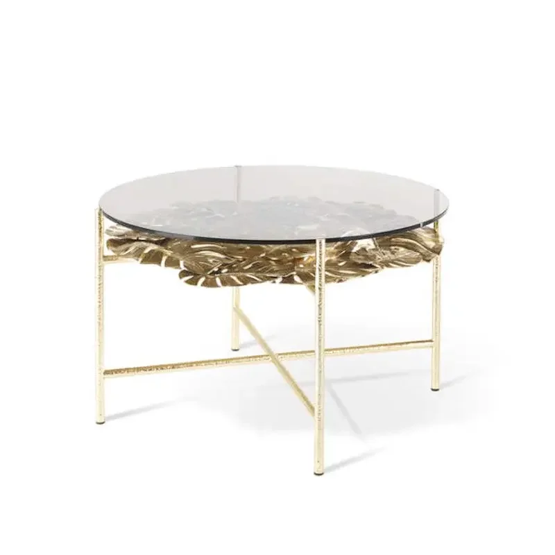 Pure copper base round coffee table, brass glass leaves, high-end coffee table, villa hotel