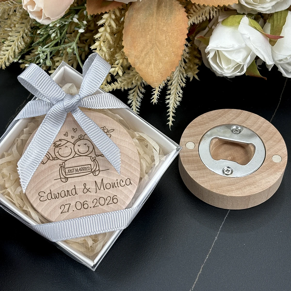 Wedding Souvenirs Customized Wooden Magnet Bottle Openers Wedding Favor Gifts for Guests Personalized Fridge Magnet with Box - view 3