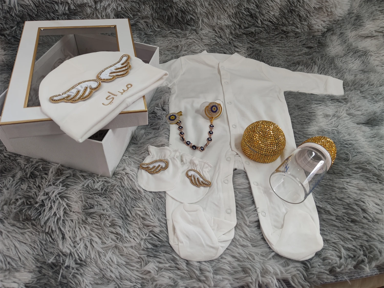 Bling Gold Rhinestone Newborn Take Home Outfit 5Pcs Evil Eye Angel Wing Footie Set For Baby Shower