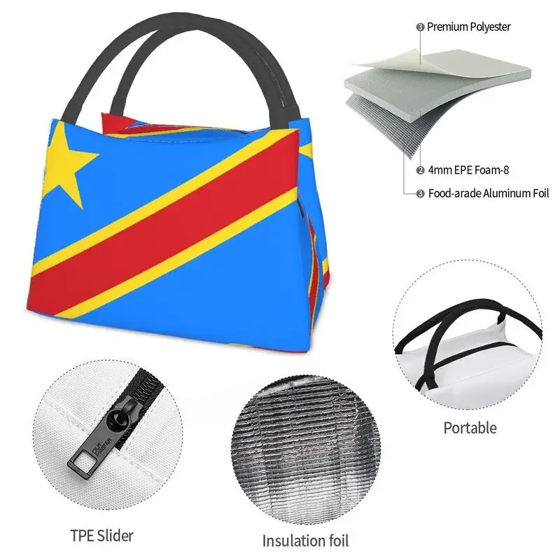 Custom Flag Of Congo Kinshasa Lunch Bags Women Cooler Warm Insulated Lunch Box for Office Travel lunchbag Thermal Bags